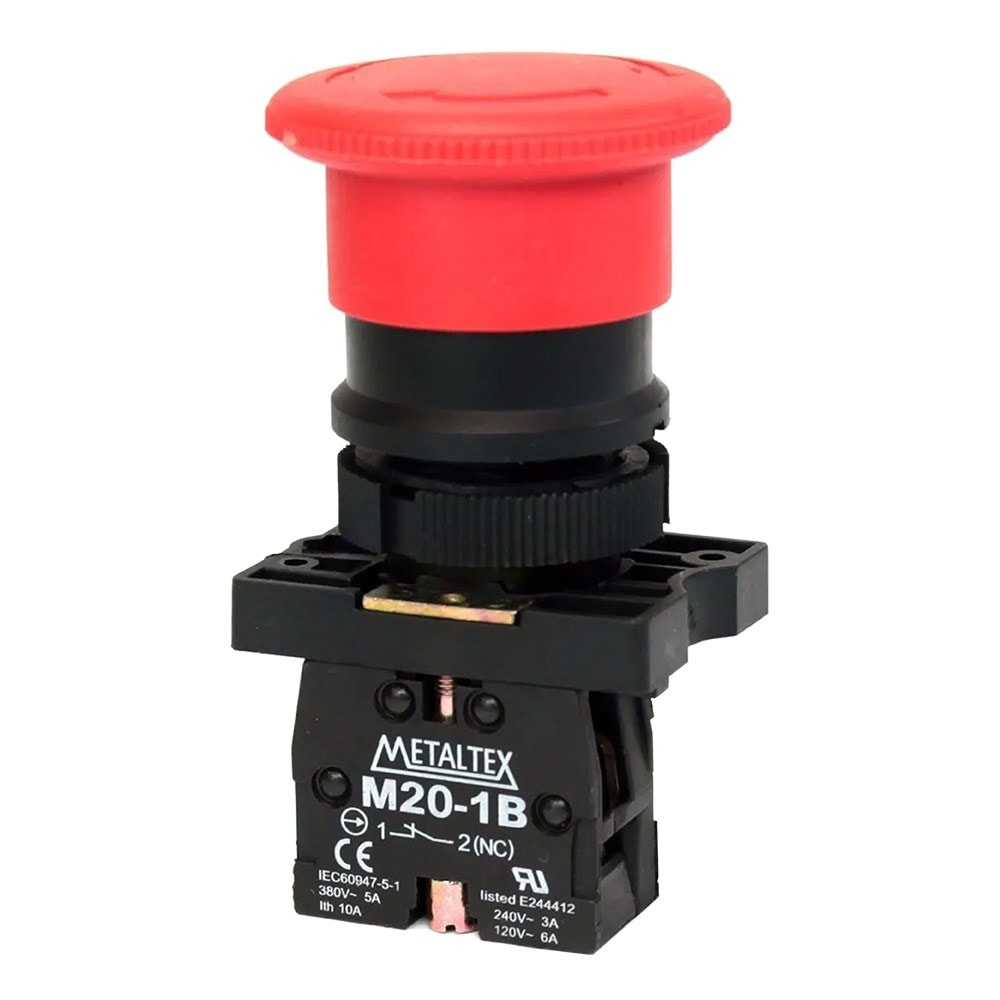 Botão Cogumelo Com Trava Vermelho 1NF P20AKR-R-1B Metaltex Botão Cogumelo Com Trava Vermelho 1NF P20AKR-R-1B Metaltex