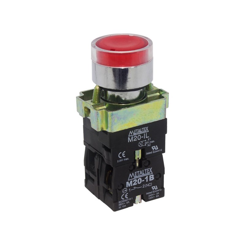 Botão de Impulsão Iluminado 22mm 1NA+1NF M20IGR-R7-1C Vermelho Metaltex