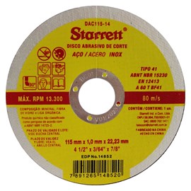 Disco de Corte Aço Inox 115mm Starret