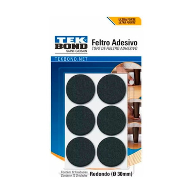 Feltro Adesivo Redondo Preto 3CM Com 12 Unidades Tek Bond