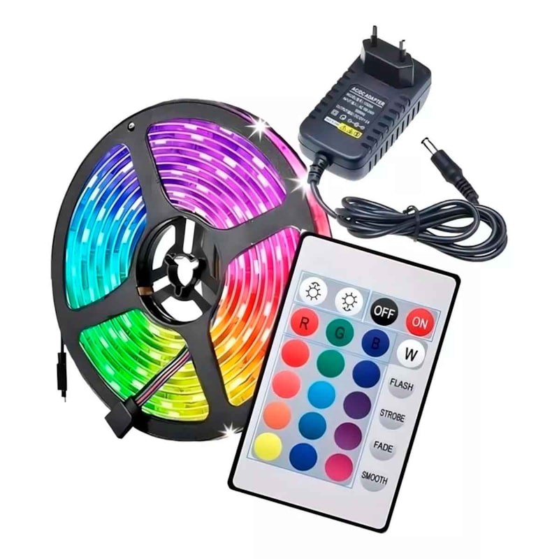 Fita Led  12V   6,0W/M Rgb 54Leds/M Com Controle E Fonte Ip20 Astraled