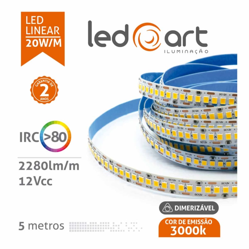 Fita LED  20W/M 3000K 12V  2280Lm/M Ip20 Dimerizavel Rolo 5M LA-7073 LEDart