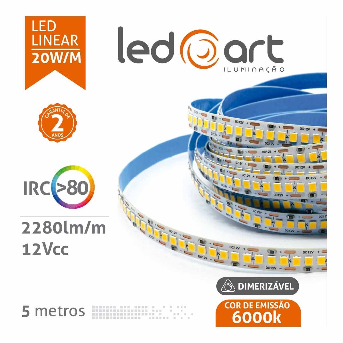 Fita LED 20W/M 6000K 12V 2280Lm/M Ip20 Dimerizavel Rolo 5M LA-7076