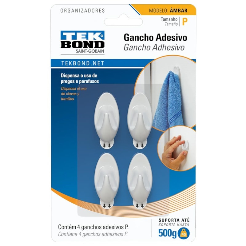 Gancho Adesivo Âmbar 500G Com 4 Unidades Tek Bond