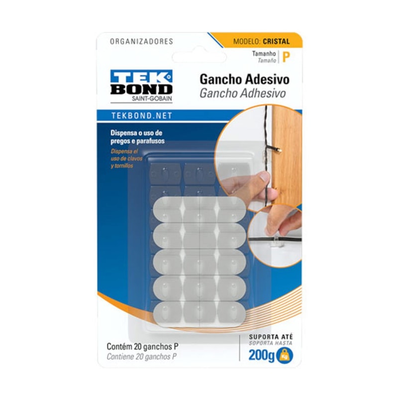 Gancho Adesivo Cristal Fixa Fio 200G Com 20 Unidades Tek Bond