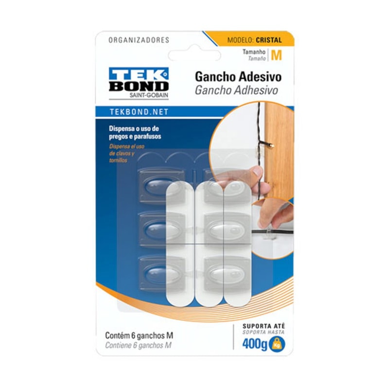 Gancho Adesivo Cristal Fixa Fio 400G Com 6 Unidades Tek Bond