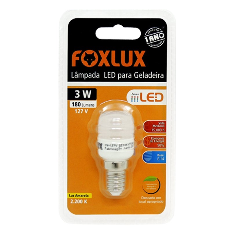 Lâmpada Bolinha Geladeira LED 3W Luz Branco Quente 127V E14 Foxlux