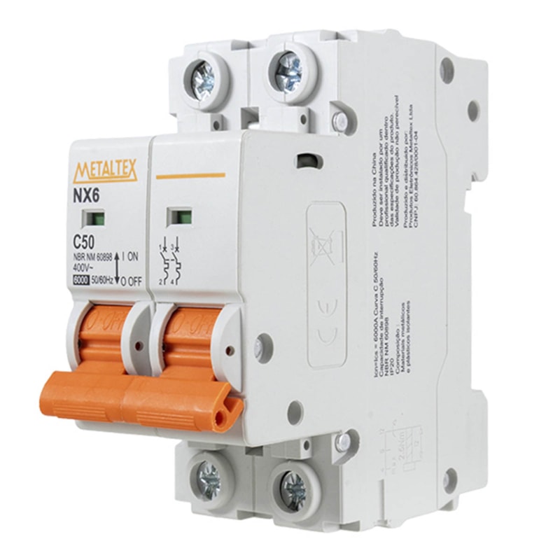 Mini Disjuntor C Bipolar 50A 6Ka Metaltex