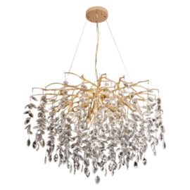 Pendente Dourado Com Cristal Transparente 80Cm 10 Lâmpada E14 Sindora
