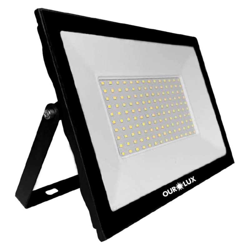 Refletor LED 100W 3000K Branco Quente 6000Lm Preto Slim Ip65 Bivolt 03273 Ourolux