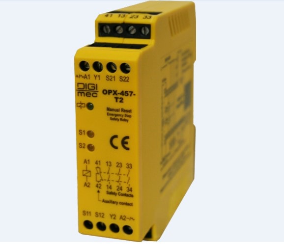 Relé De Segurança OPX-457-T2 24VCC 3NA + 1NF Para Emergência Reset